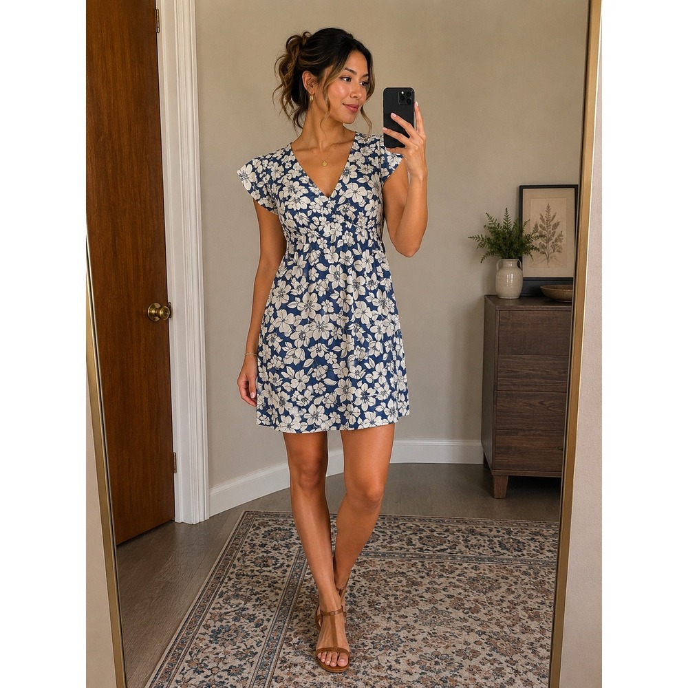 BE STAGE Floral V-Neck Mini Dress Navy Blue White Short Sleeve Back Tie Small